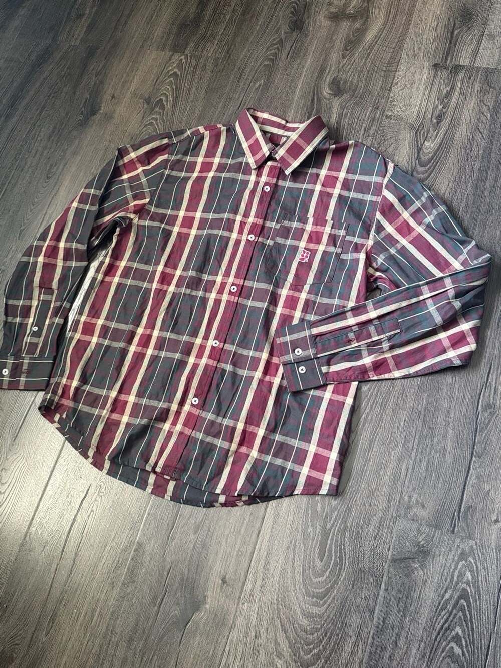 HUF Megablast Plaid Long Sleeve Button Down Shirt Maroon/Grey